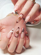Handmade Brown Floral Bronze Chrome Metallic Stud Art Press on Nails W48