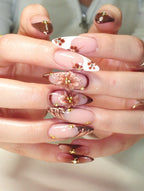 Handmade Brown Floral Bronze Chrome Metallic Stud Art Press on Nails W48