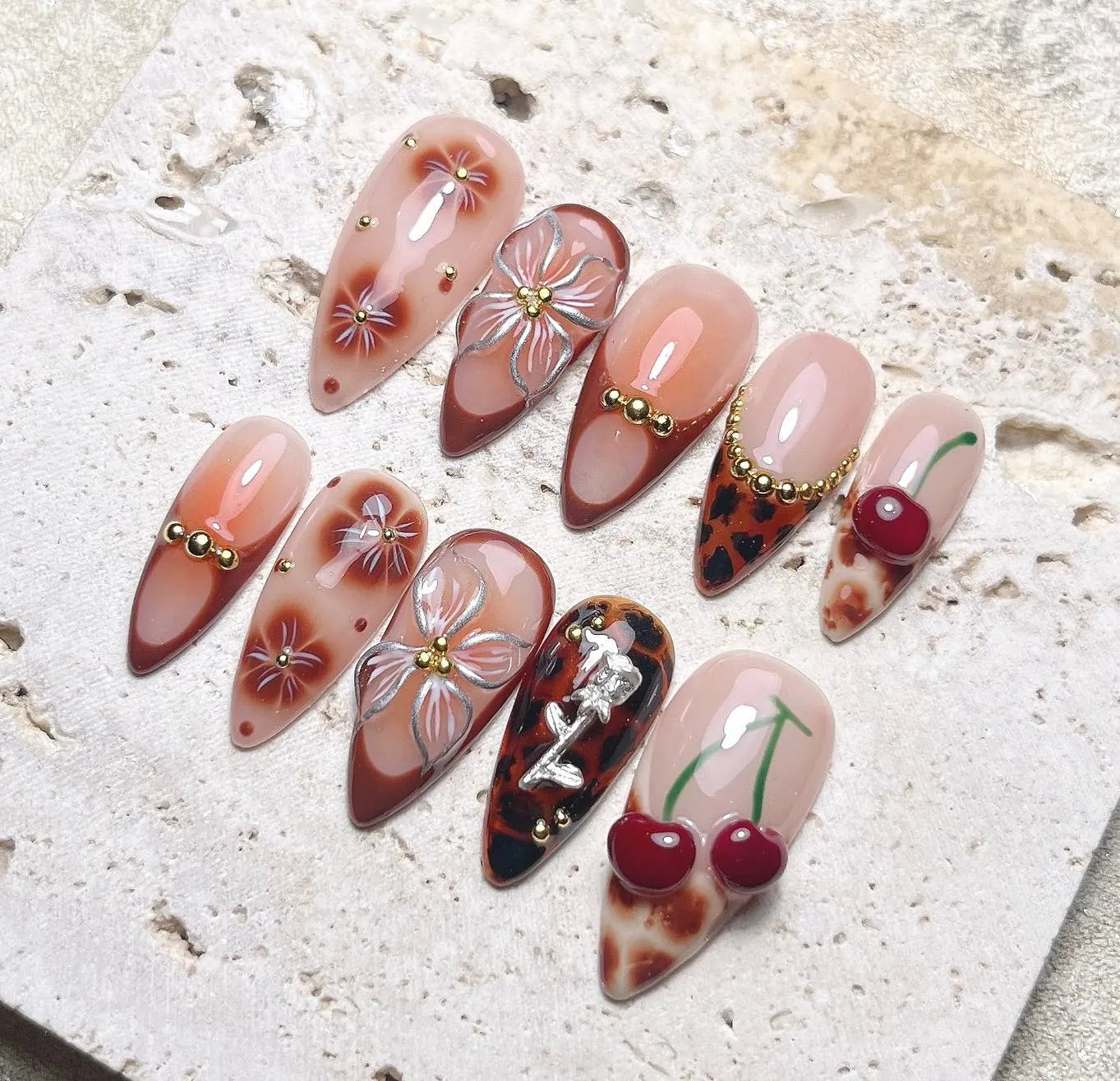 Handmade Brown Leopard Cherry Floral Silver 3D Gemstone Press on Nails A53