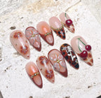 Handmade Brown Leopard Cherry Floral Silver 3D Gemstone Press on Nails A53