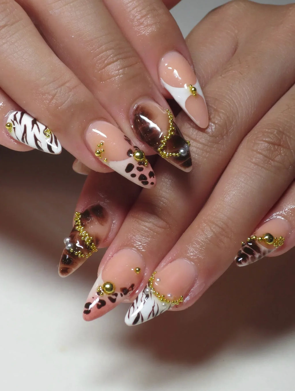 Handmade Brown Leopard Zebra Print French Tip Gold Bead Press on Nails T39