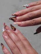 Handmade Brown Leopard Zebra Print French Tip Gold Bead Press on Nails T39