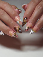 Handmade Brown Leopard Zebra Print French Tip Gold Bead Press on Nails T39