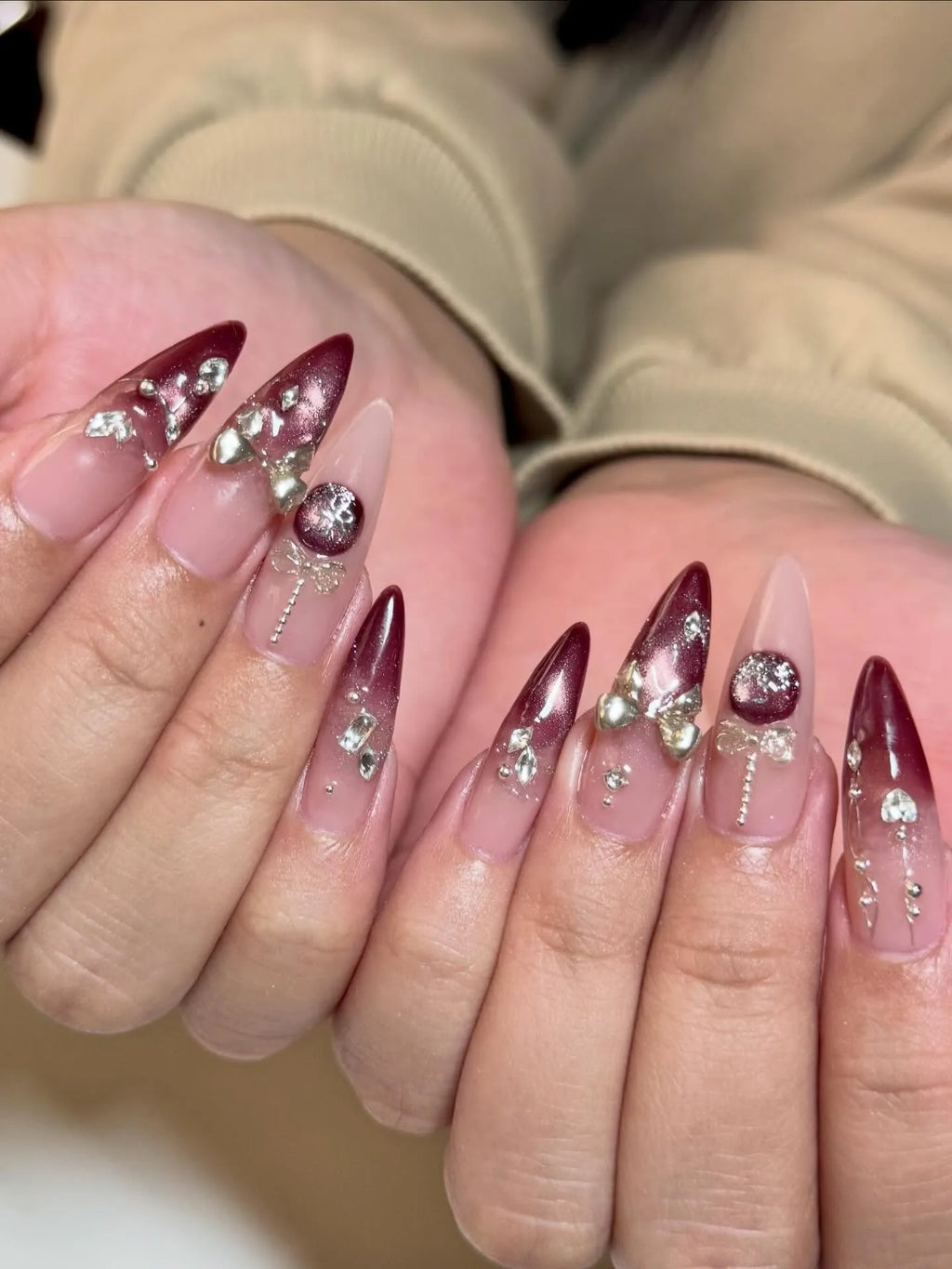 Handmade Burgundy Festive Ornament 3D Silver Bow Metallic Press on Nails G93