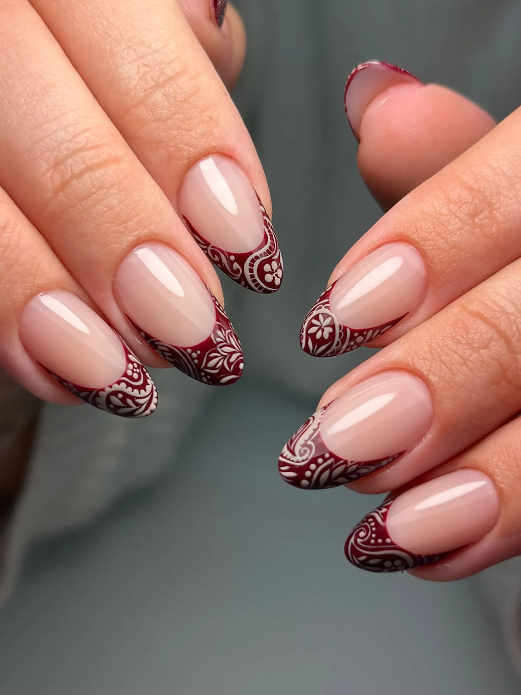 Handmade Burgundy Lace French Tip Intricate Mandala Press-on Nails S80