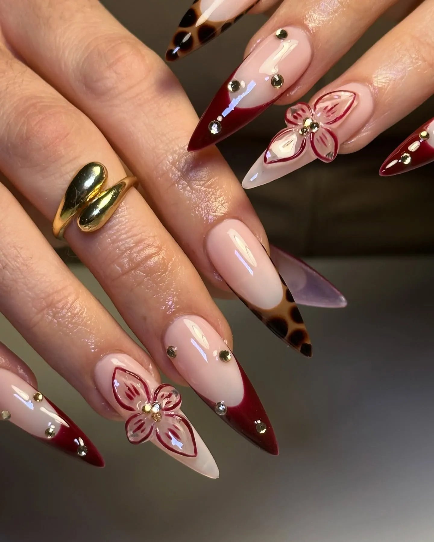 Handmade Burgundy Red French Leopard Print 3D Floral Press on Nails P74