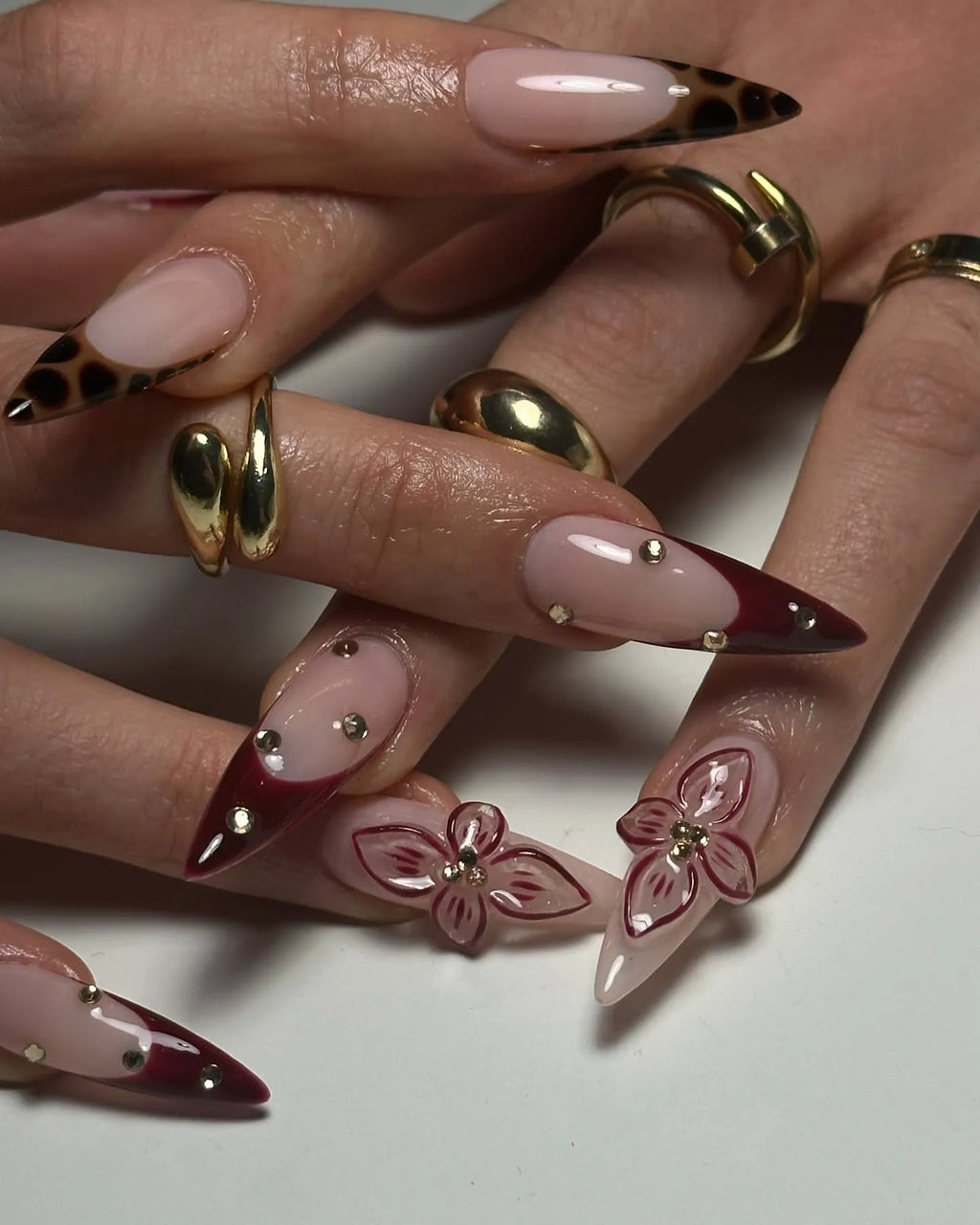 Handmade Burgundy Red French Leopard Print 3D Floral Press on Nails P74