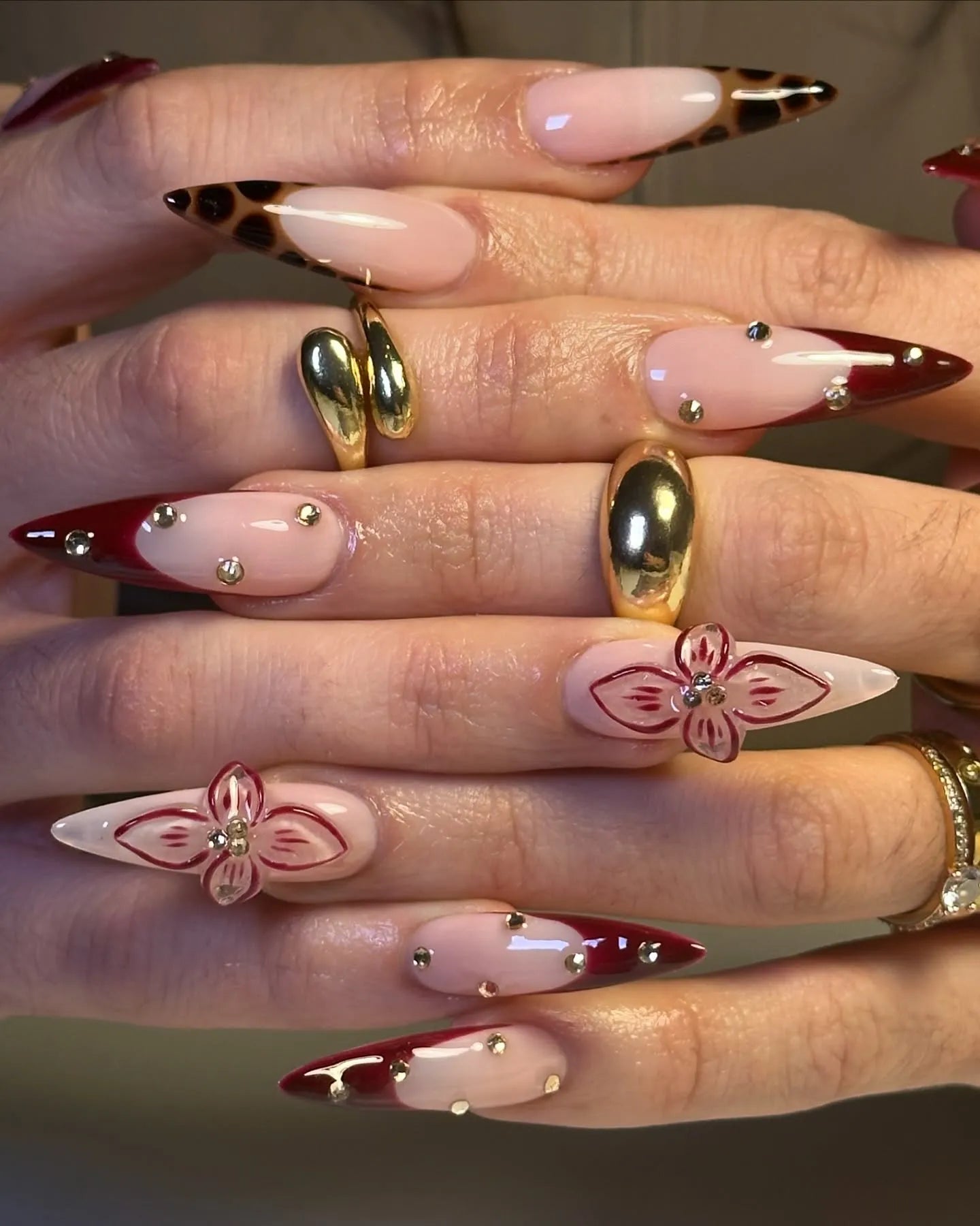 Handmade Burgundy Red French Leopard Print 3D Floral Press on Nails P74