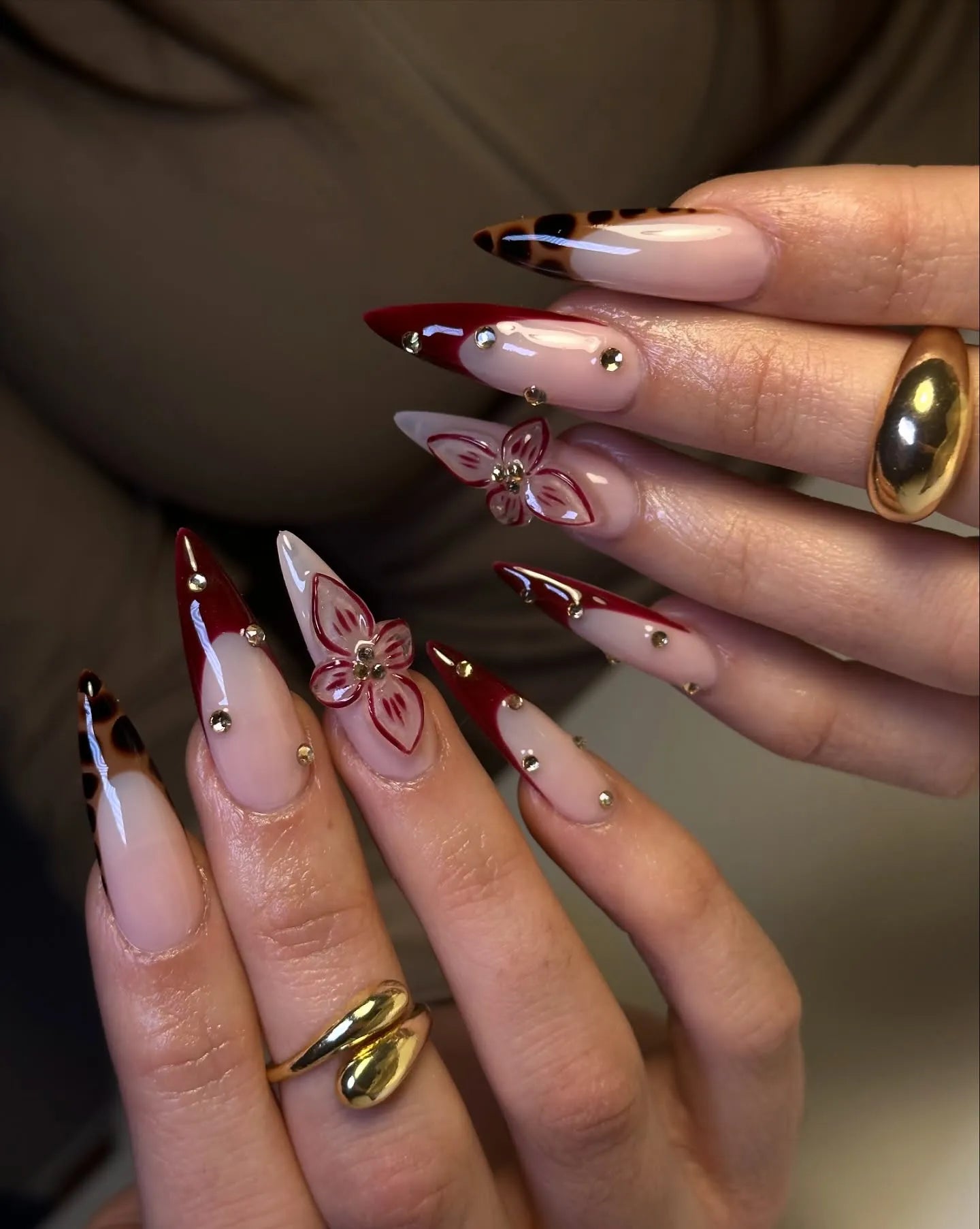 Handmade Burgundy Red French Leopard Print 3D Floral Press on Nails P74