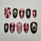 Handmade Candy Cane Snowflake Red Bow Holiday Art Christmas Press on Nails A64