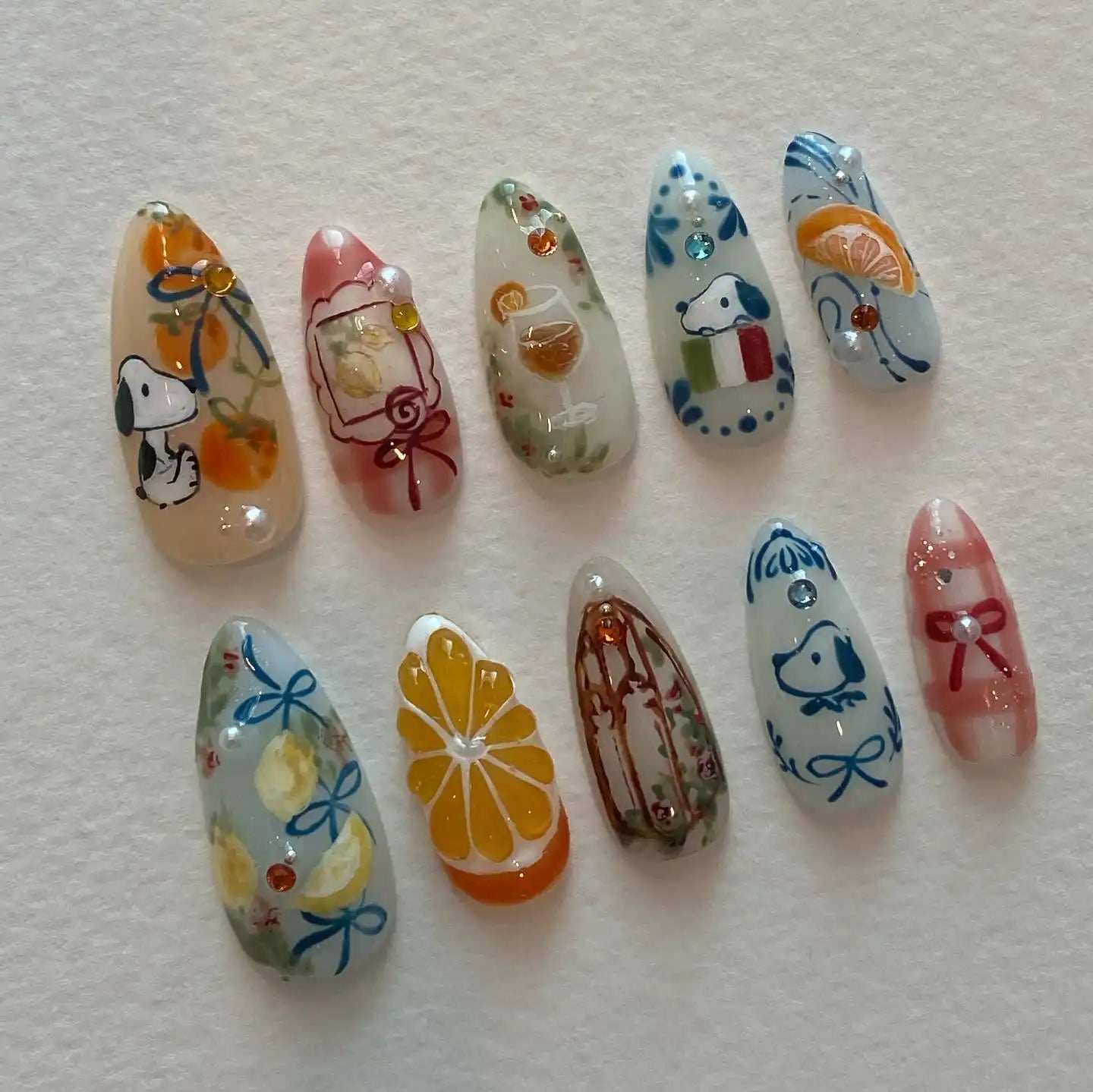 Handmade Cartoon Citrus Orange Fruit Wine Cute Summer Press on Nails S36