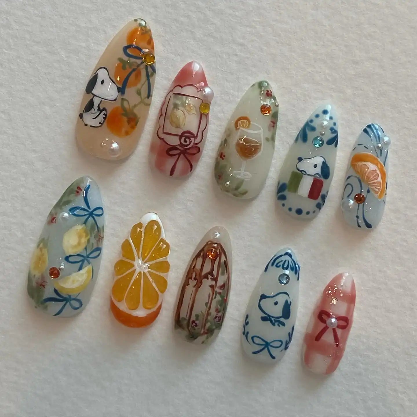 Handmade Cartoon Citrus Orange Fruit Wine Cute Summer Press on Nails S36