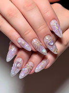 Handmade Celestial Enchantment Purple Heart Golden Bow Press on Nails V37