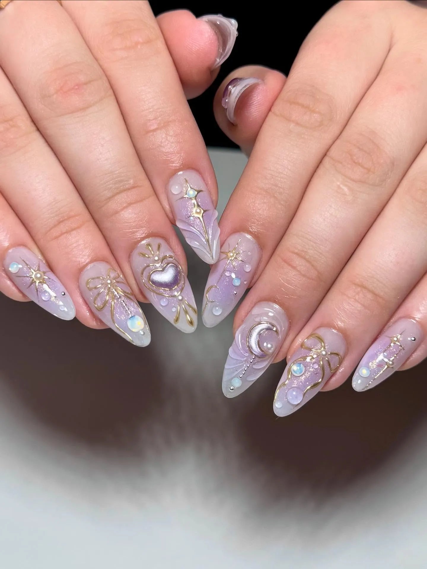 Handmade Celestial Enchantment Purple Heart Golden Bow Press on Nails V37