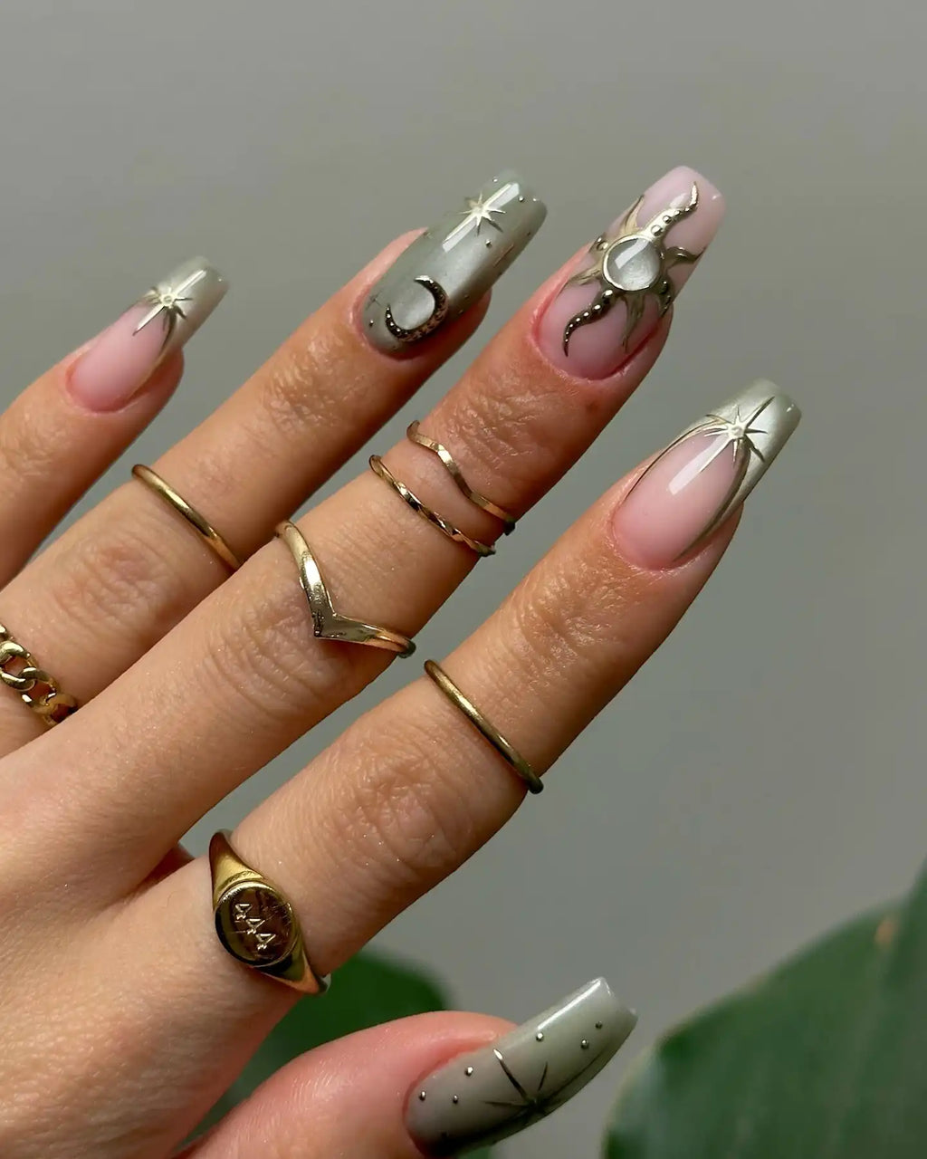Handmade Celestial Green Nude Star Moon Sun Elegant Galaxy Press on Nails G46