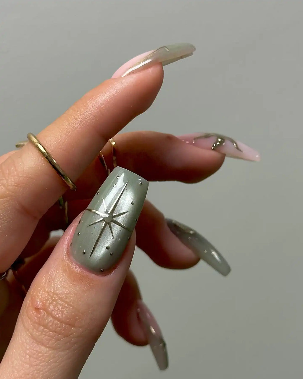 Handmade Celestial Green Nude Star Moon Sun Elegant Galaxy Press on Nails G46