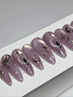 Handmade Celestial Lunar Cat Moon Star Purple Iridescent Almond Fake Nails A05