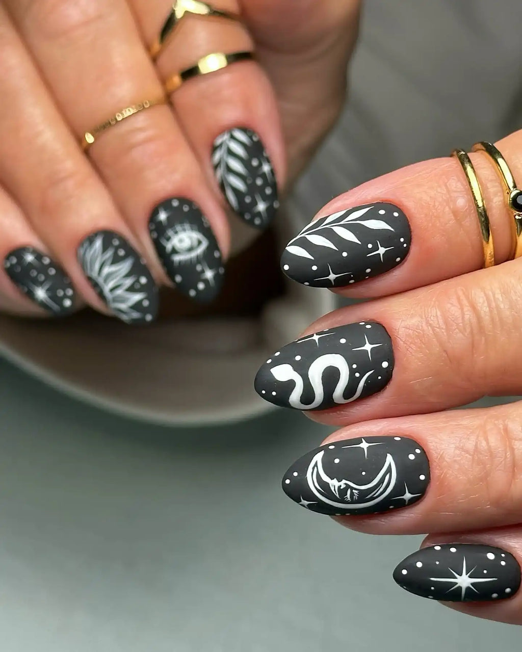 Handmade Celestial Moon Sun Eye Snake Black Matte Witch Press on Nails O91