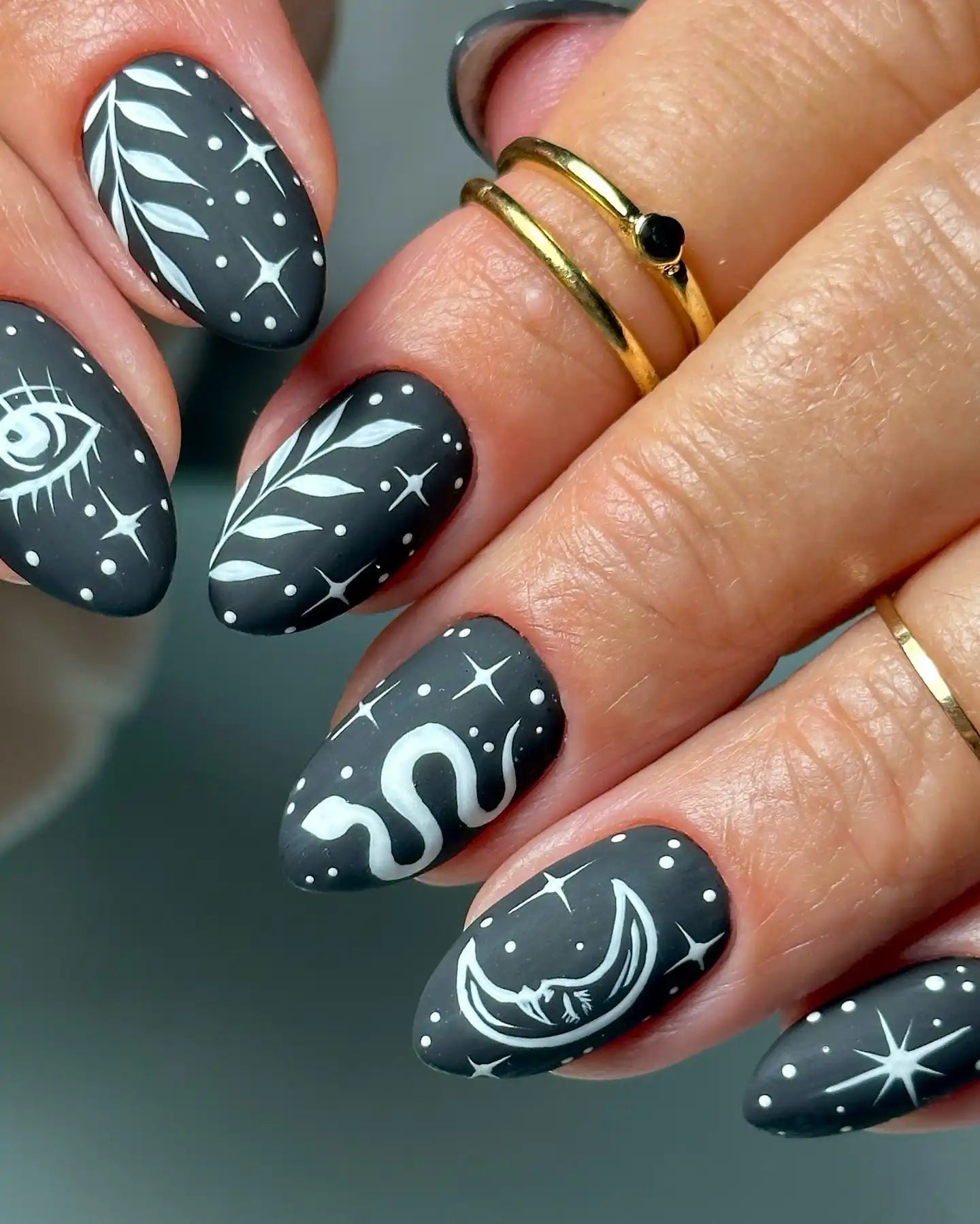 Handmade Celestial Moon Sun Eye Snake Black Matte Witch Press on Nails O91