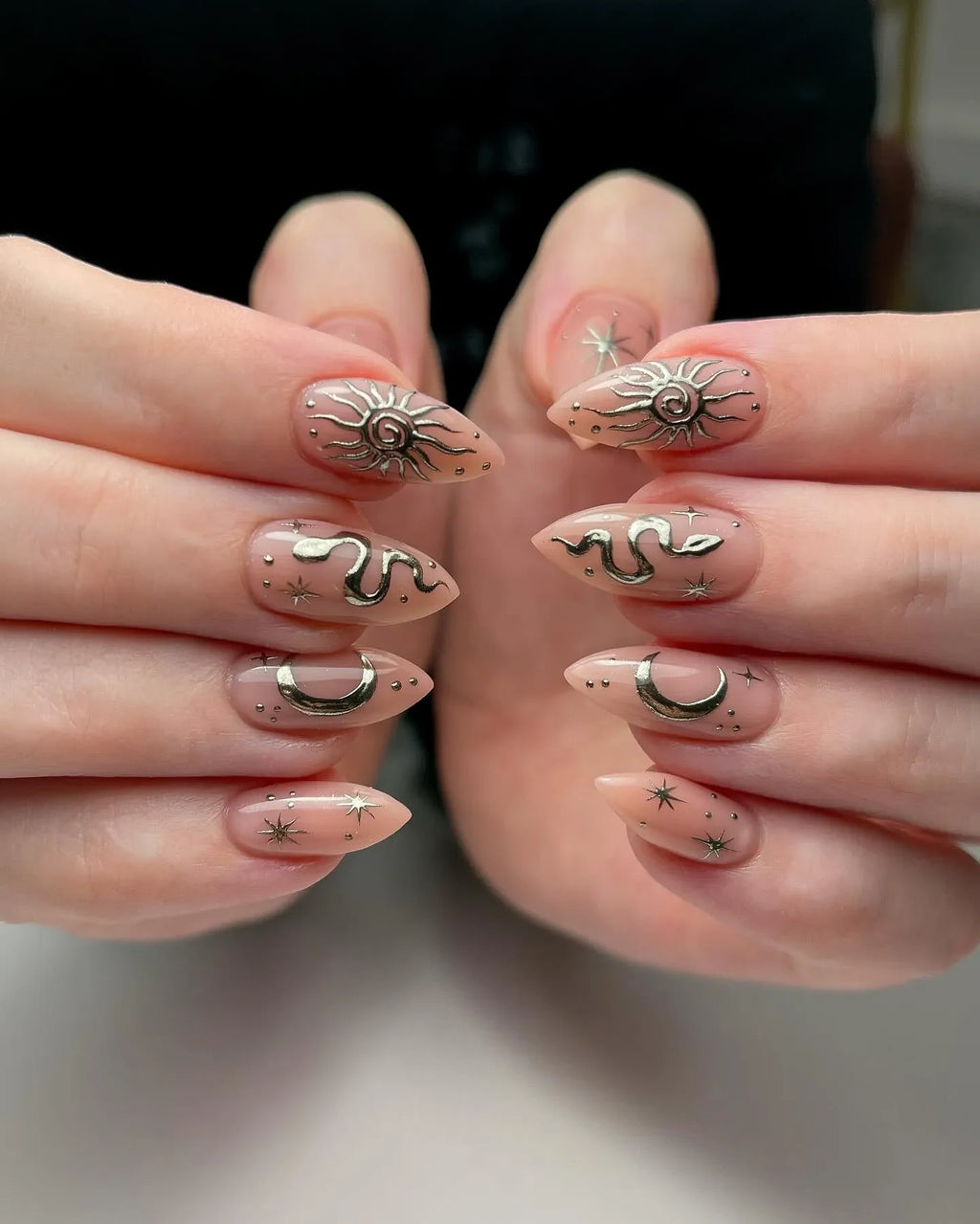 Handmade Celestial Sun Moon Snake Gold Chrome Neutral Press on Nails C37