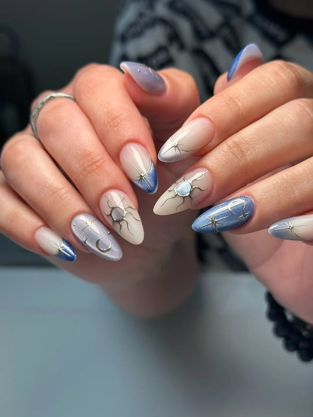Handmade Celestial Sun & Moon Shimmering Artisan Press-on Nails V56