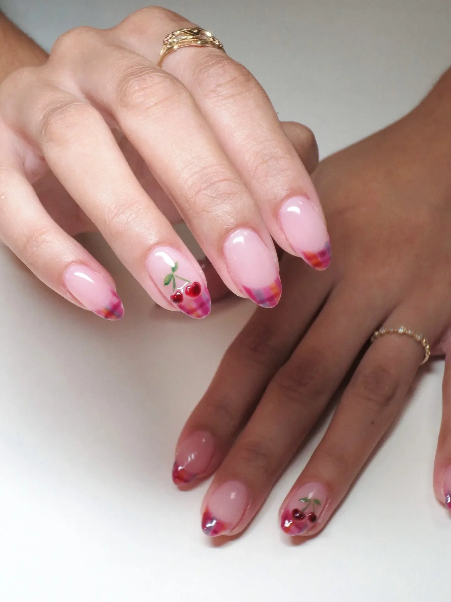 Handmade Cherry Fruit Plaid French Tip Summer Coquette Press on Nails Y25
