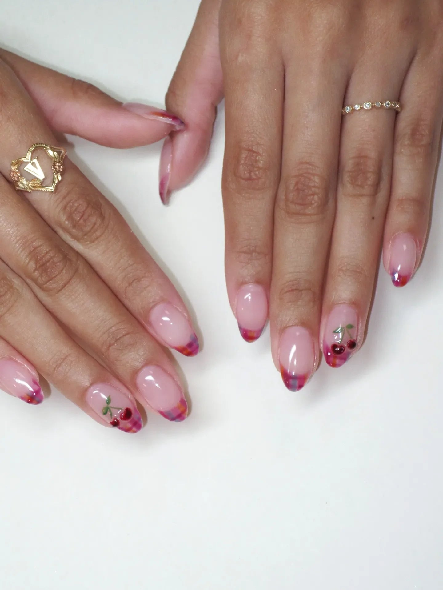 Handmade Cherry Fruit Plaid French Tip Summer Coquette Press on Nails Y25