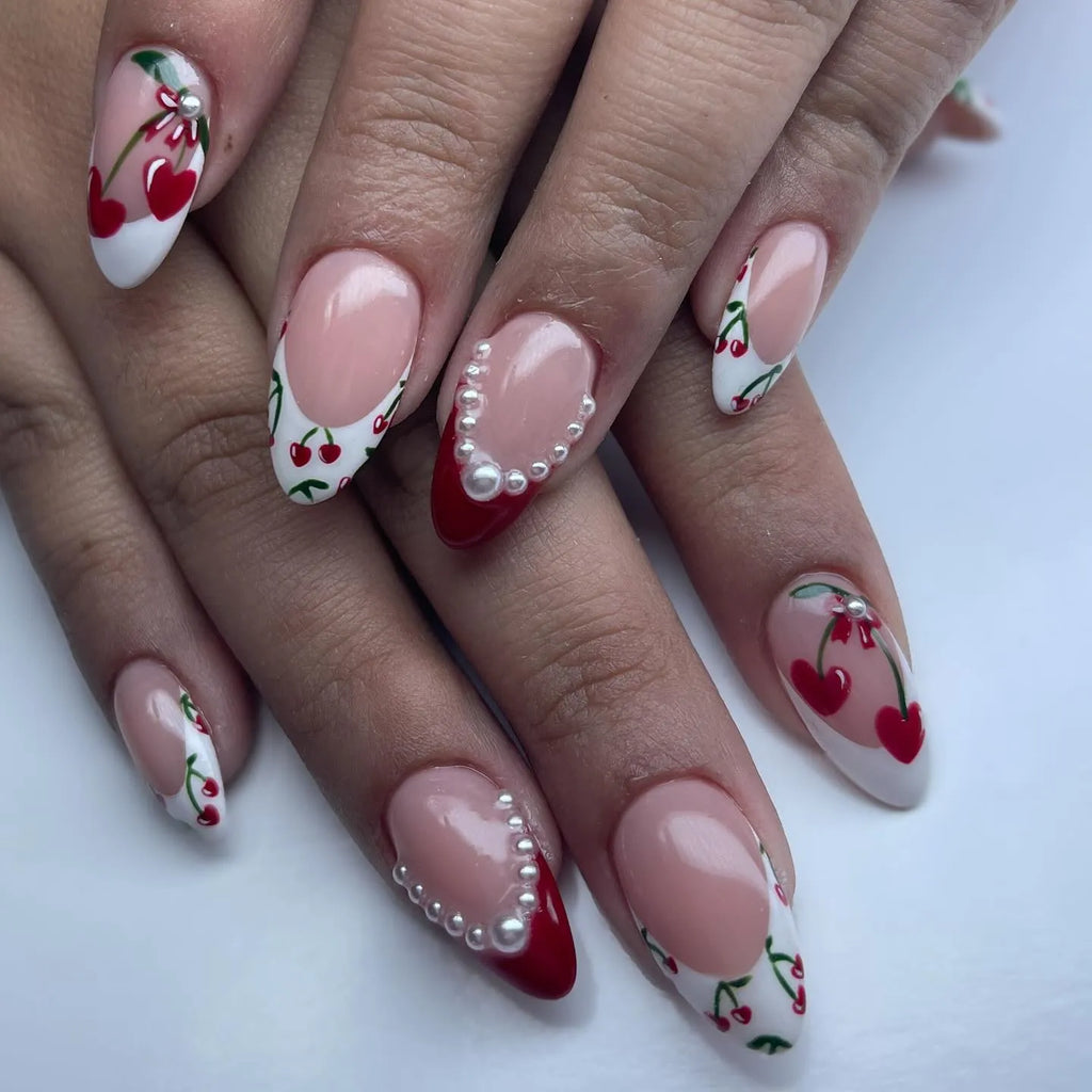 Handmade Cherry Heart French Tip Pearl Accent Red Art Press on Nails Y74