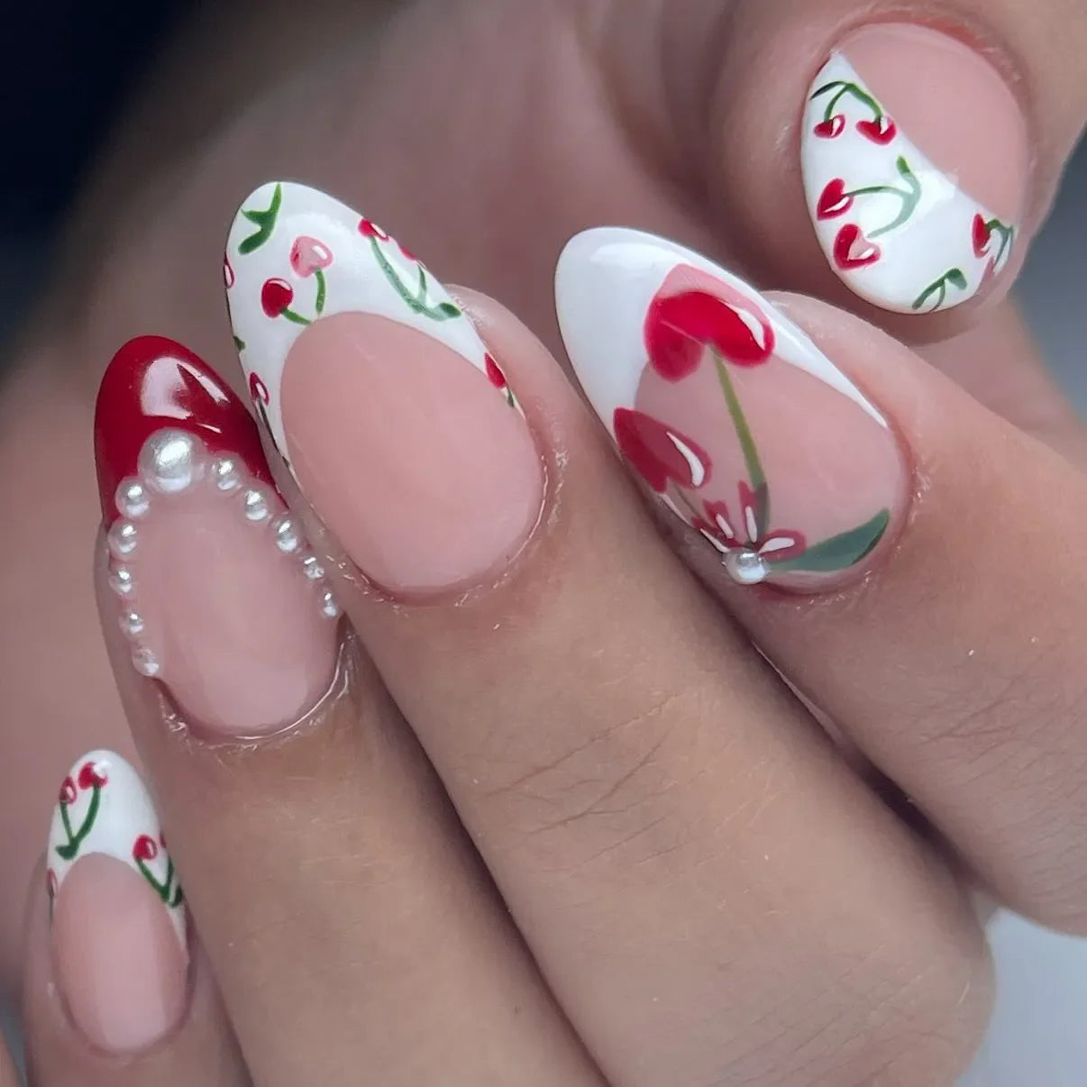 Handmade Cherry Heart French Tip Pearl Accent Red Art Press on Nails Y74