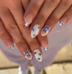 Handmade Blue Floral Bow White Nude Simple Press on Nails A73