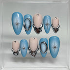 Handmade Blue Ombre Metallic Silver Chrome Starburst Press on Nails H92