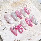 Handmade Cat Eye Pink Shimmer 3D Flower Pearl Bow Press on Nails Z34
