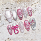 Handmade Cat Eye Pink Shimmer 3D Flower Pearl Bow Press on Nails Z34