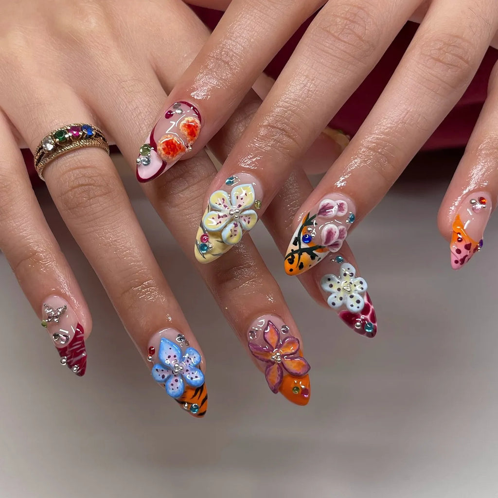Handmade Abstract 3D Flower Bling Colorful Summer Press on Nails R06