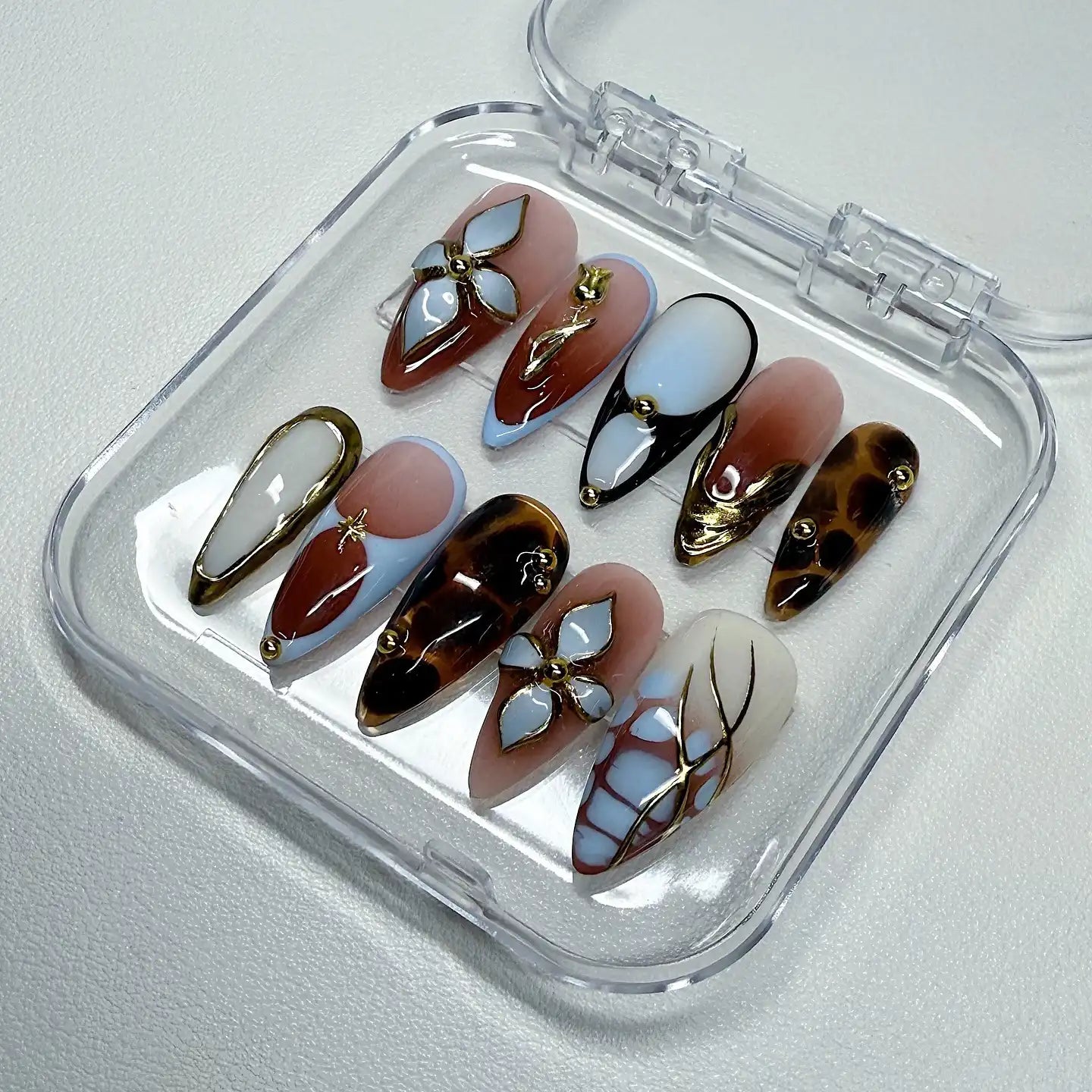 Handmade Brown Giraffe Abstract Rose Gold Chrome Bling Press on Nails X98