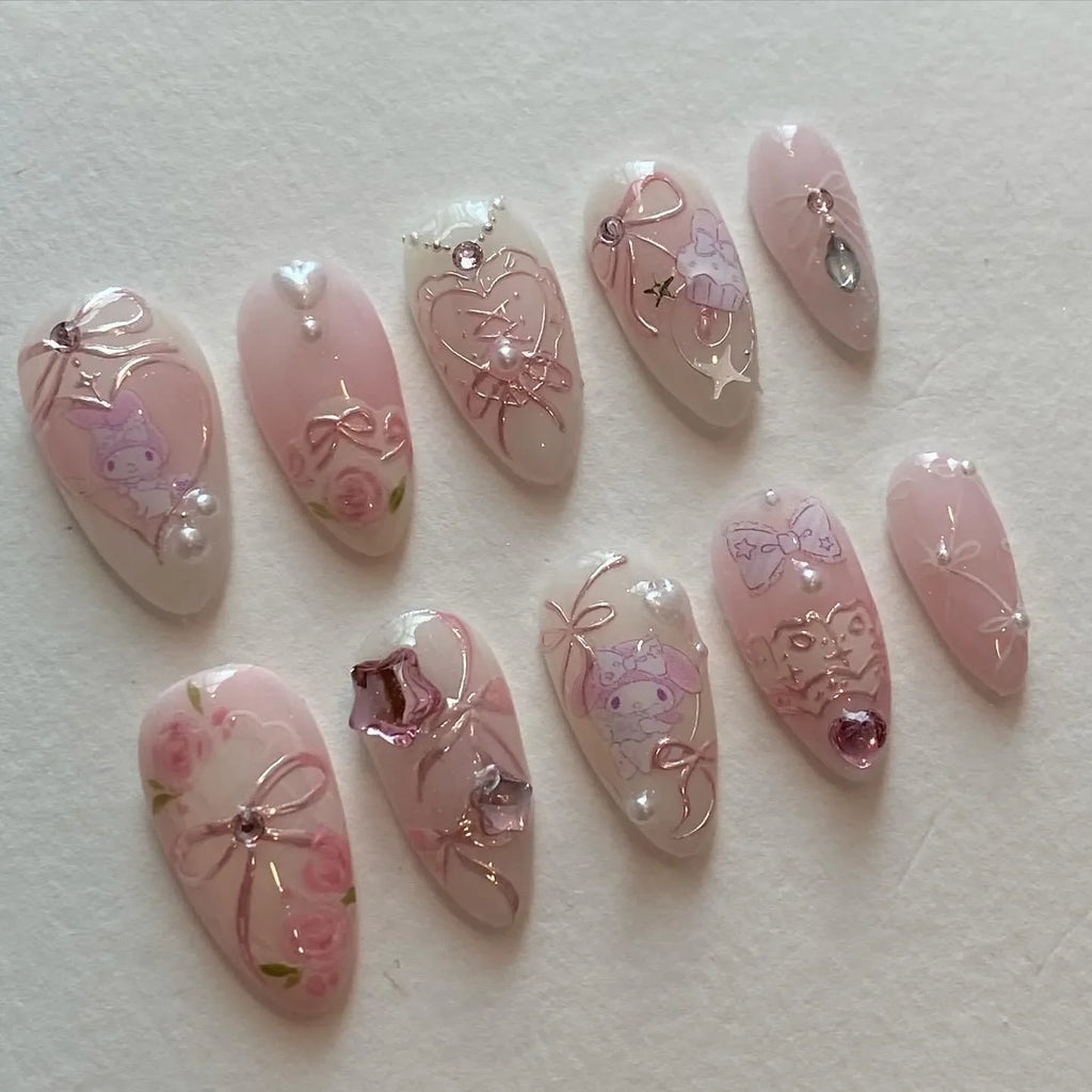 Hand-painted Pink Character Bow Laces Roses Kawaii Press on Nails T93