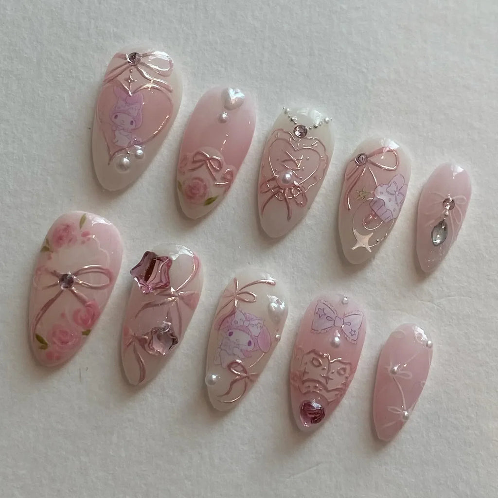 Hand-painted Pink Character Bow Laces Roses Kawaii Press on Nails T93