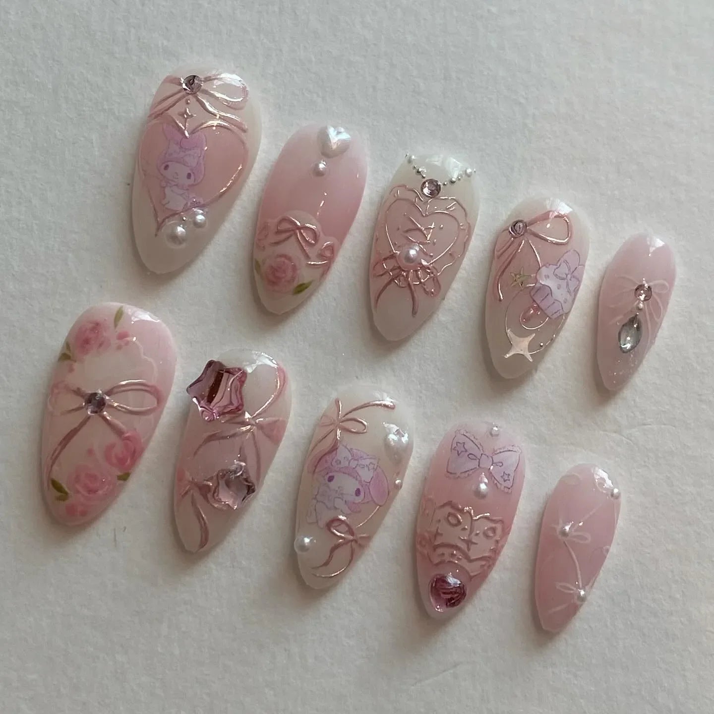 Hand-painted Pink Character Bow Laces Roses Kawaii Press on Nails T93