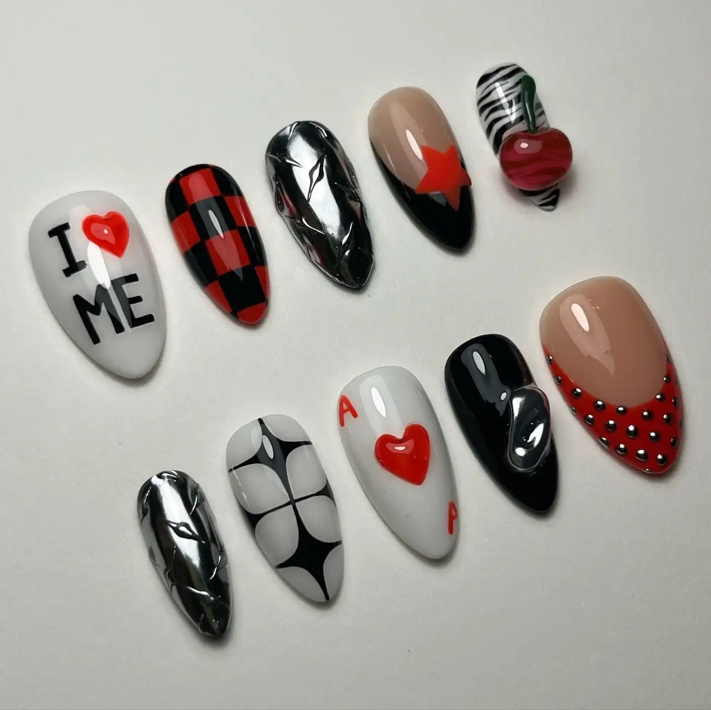 Handmade Cherry Card Chrome Accent Funky Press on Nails P95