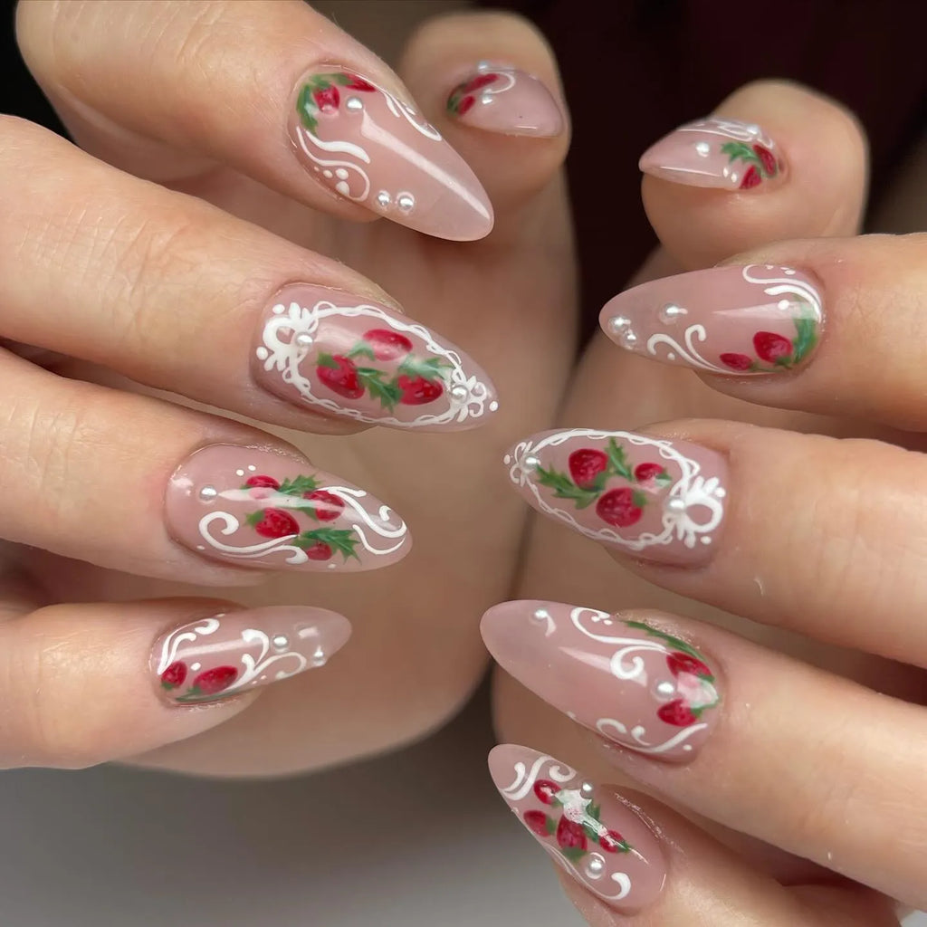 Hand-painted Strawberry Lace French Tip Pearl Aesthetic Press on Nails G18