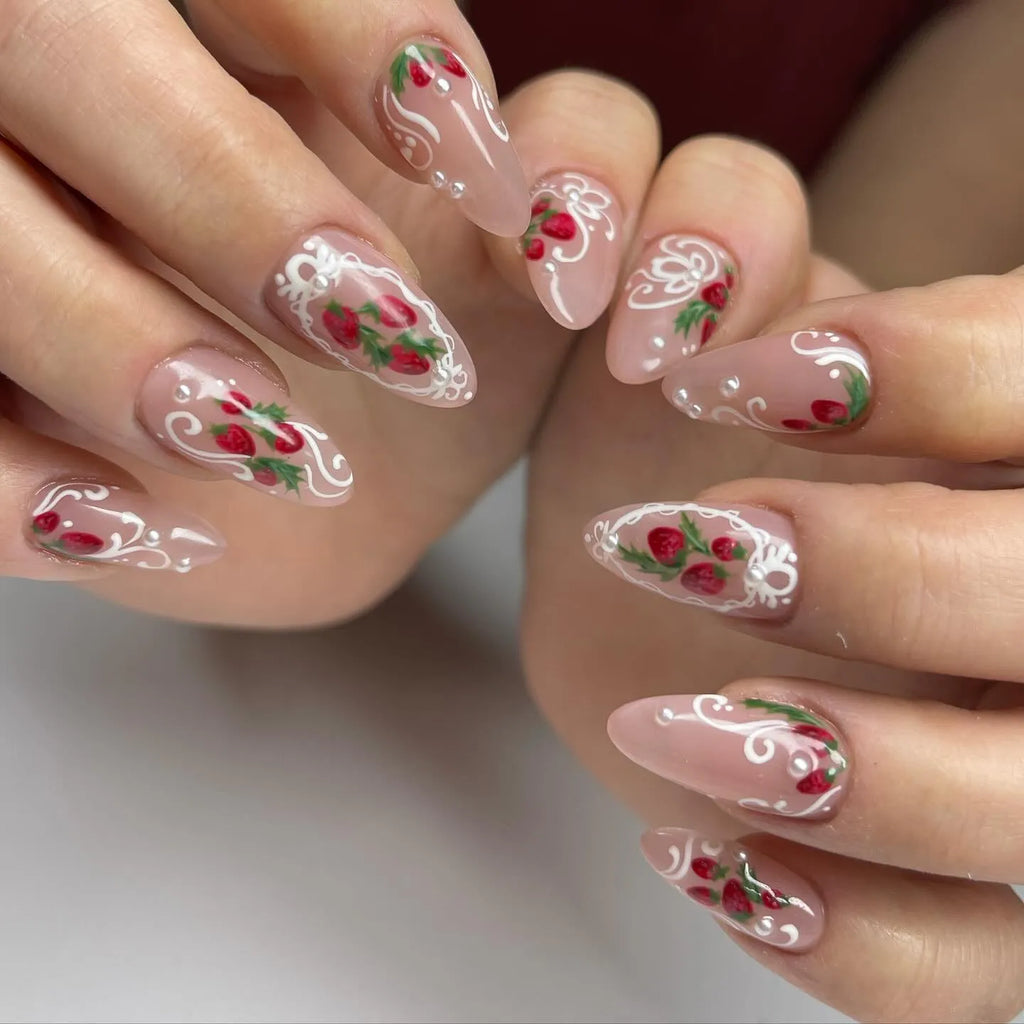 Hand-painted Strawberry Lace French Tip Pearl Aesthetic Press on Nails G18