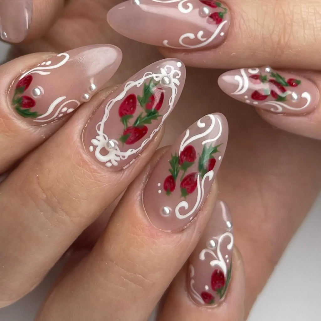 Hand-painted Strawberry Lace French Tip Pearl Aesthetic Press on Nails G18