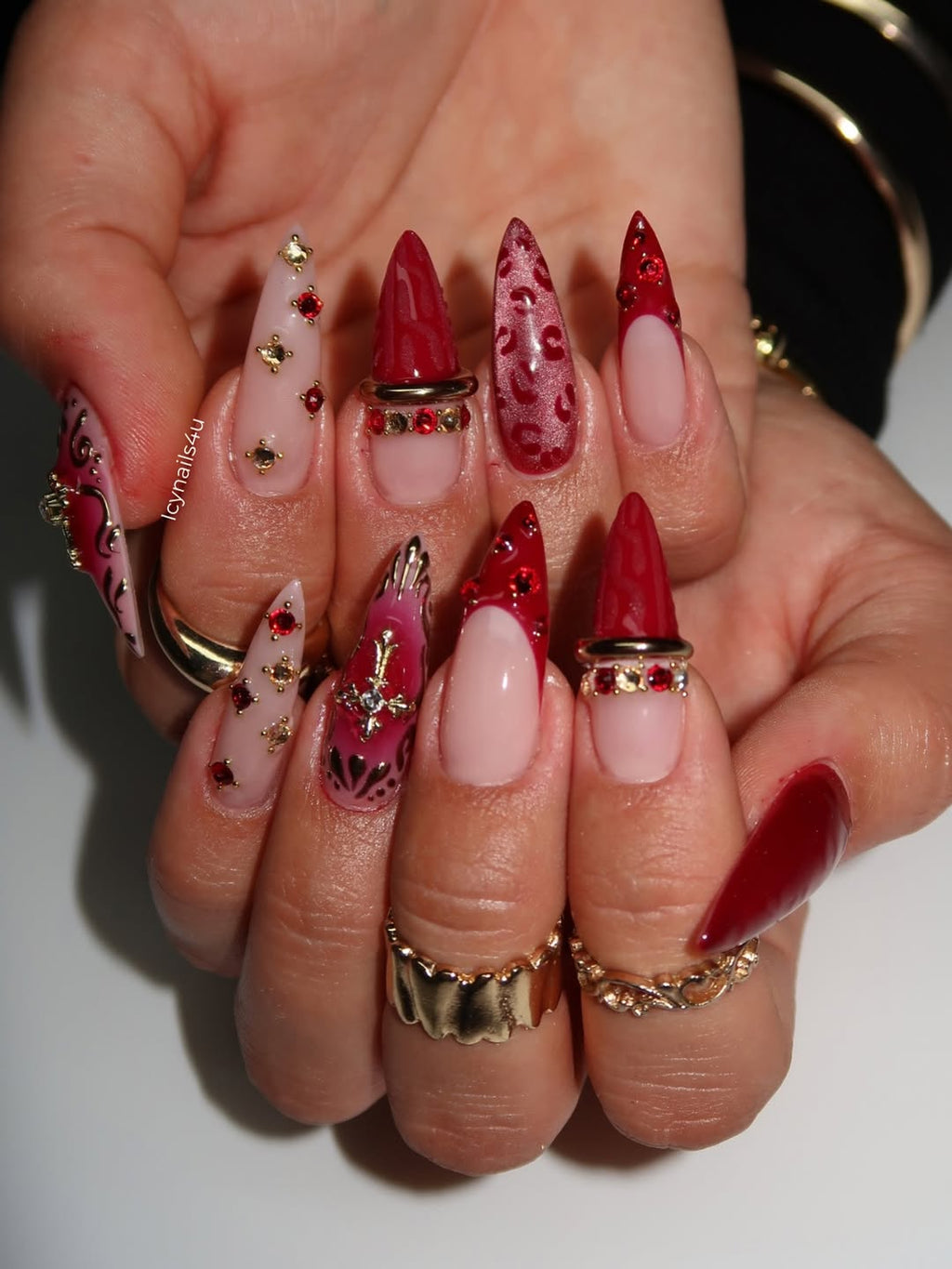 Burgundy Leopard & 3D Red Gem Press On Nails by Icy Nails 4u | Luxury Cat Eye Stiletto | OB03LU