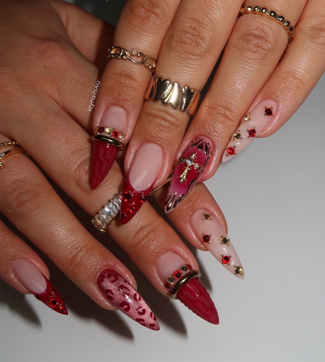 Burgundy Leopard & 3D Red Gem Press On Nails by Icy Nails 4u | Luxury Cat Eye Stiletto | OB03LU