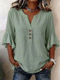 Women's Solid-color V-neck 3/4-sleeve Casual Loose Cotton-linen Top