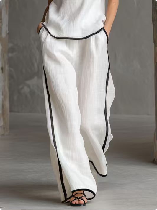 Contrast Trim Sleeveless Top & Wide-Leg Pants Two-Piece Set