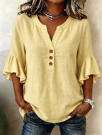 Women's Solid-color V-neck 3/4-sleeve Casual Loose Cotton-linen Top