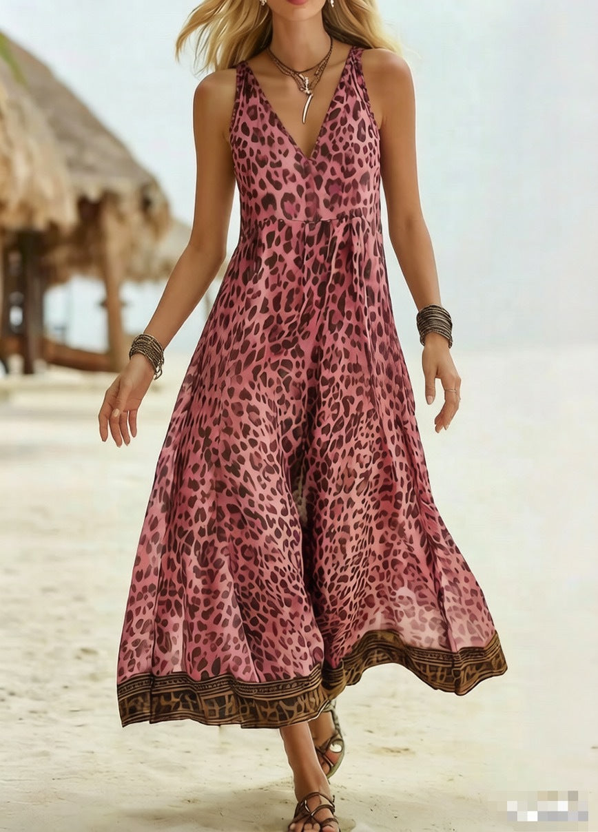 Elegant Leopard Print V-Neck Sleeveless Summer Dress