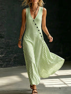 Relaxed V-Neck Button-Front Striped Sleeveless Maxi Dress