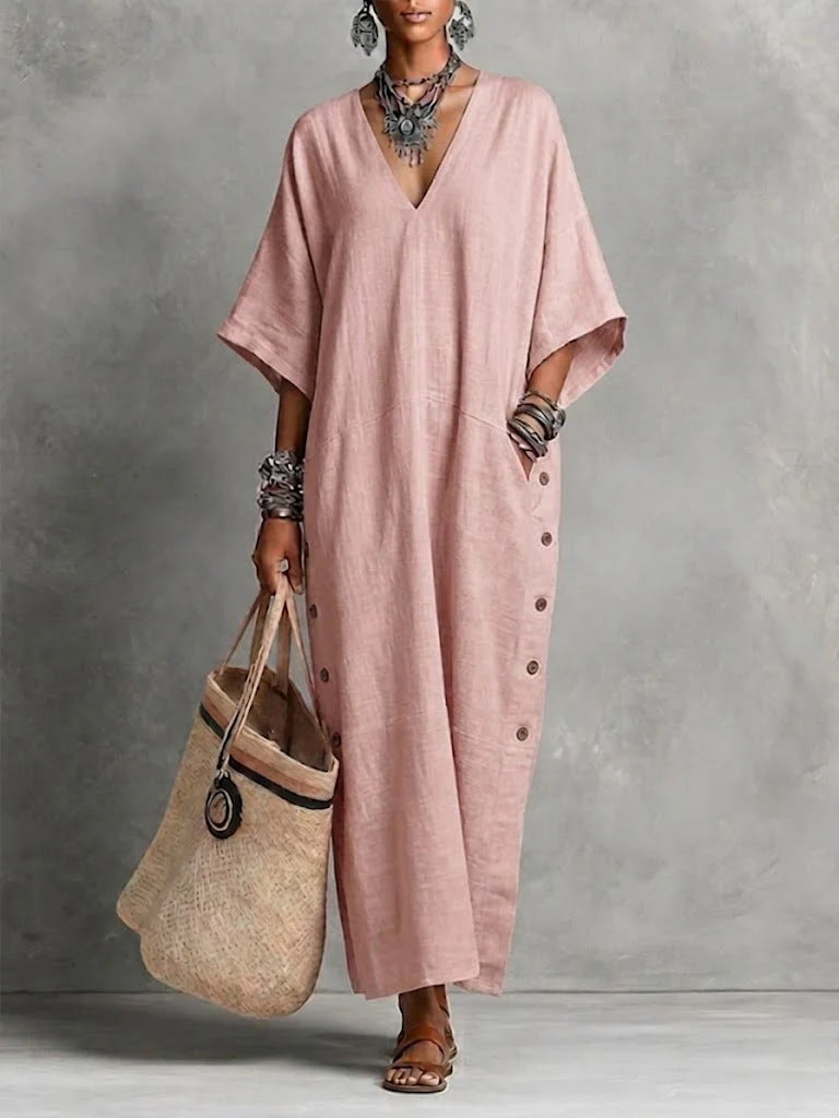 Boho Linen & Cotton Maxi Dress – Casual Loose Fit for Effortless Style